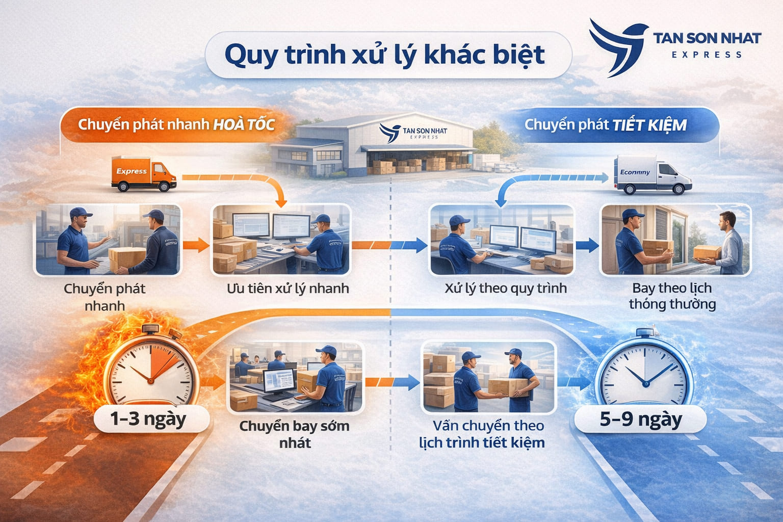 Quy trình xử lý tại Tân Sơn Nhất Express đối với Sự khác biệt giữa chuyển phát nhanh hỏa tốc và chuyển phát tiết kiệm